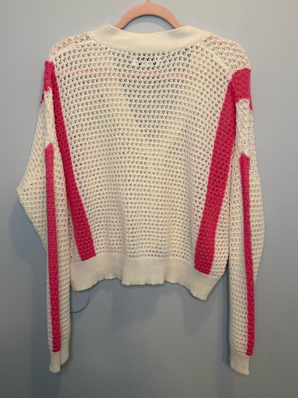 Anthropologie Charlie Holiday Cream Open Knit Cardigan with Bright Pink Stripes - Picture 2 of 6